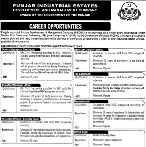 Punjab Industrial Estates Development and Management Company PIEDMC Management Posts Lahore