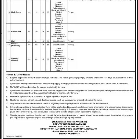 Ministry of National food security & Research MNFSR Islamabad jobs
