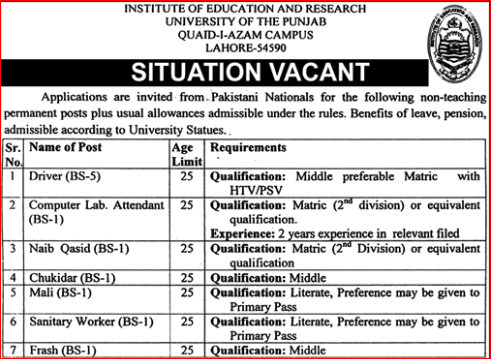 Institute of Education and Research Punjab University Lahore Jobs