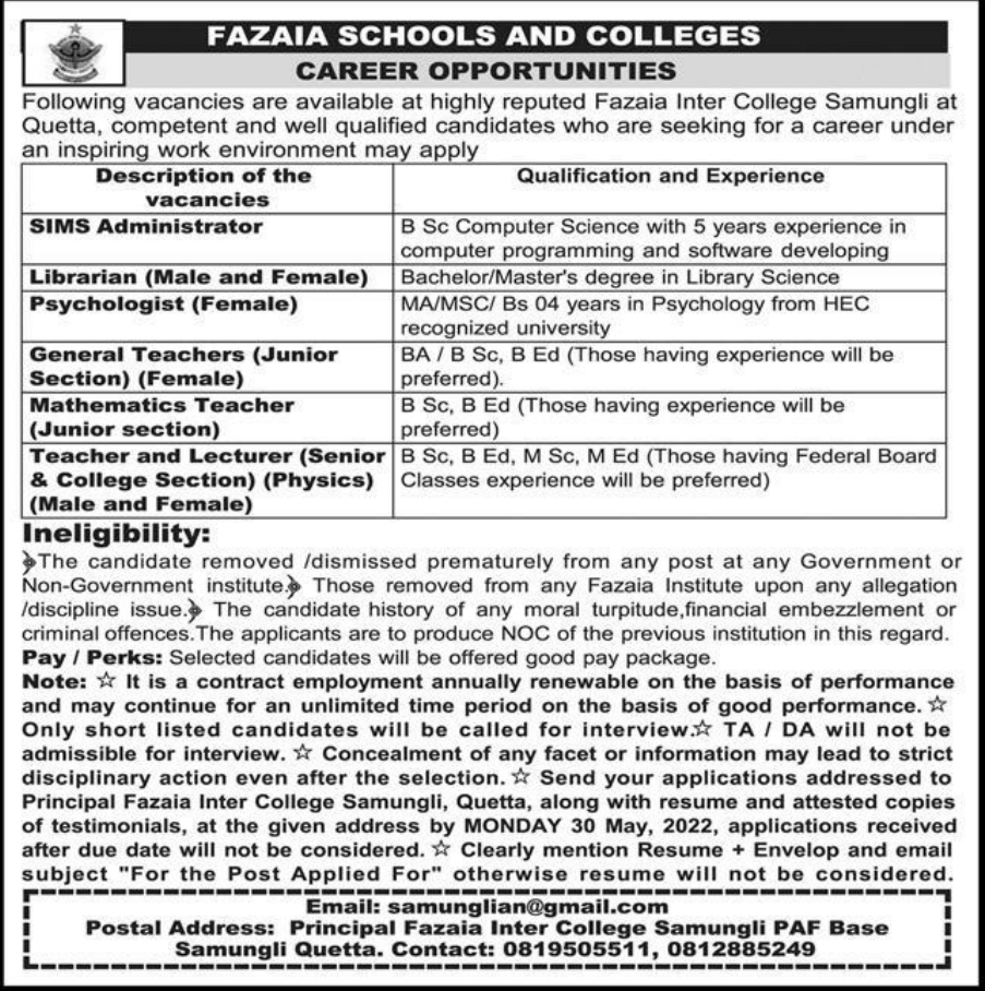 Fazaia Schools and Colleges Education Posts Quetta