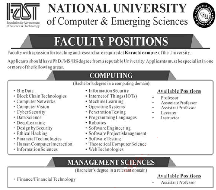 Teaching Faculty Jobs in FAST National University Karachi Campus