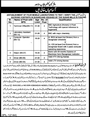 Cane Commissioner Office Lahore Jobs November NTS Apply Online Drivers