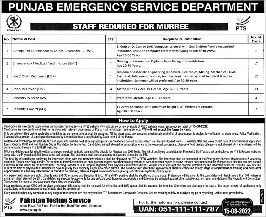 Sindh Emergency Service Rescue 1122 Jobs  PTS Application Form Rescue Drivers, Paramedics Staff